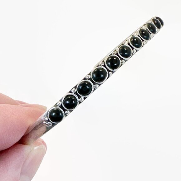 Vintage Black Onyx Cuff Sterling Silver: Boho Bracelet Bohemian Stacking Stone - Picture 6 of 6